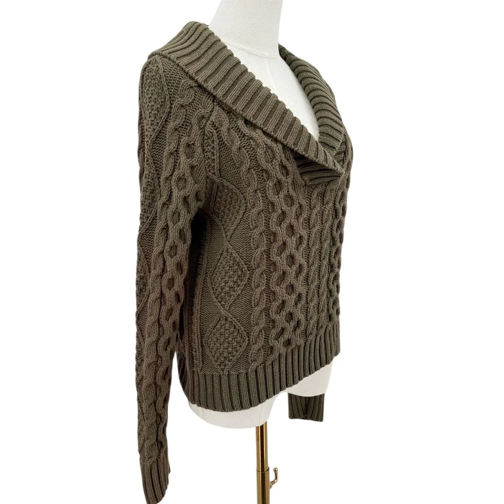 Denim & Supply‎ Womens Sweater Cropped Cable Knit Shawl Collar Olive Green Med